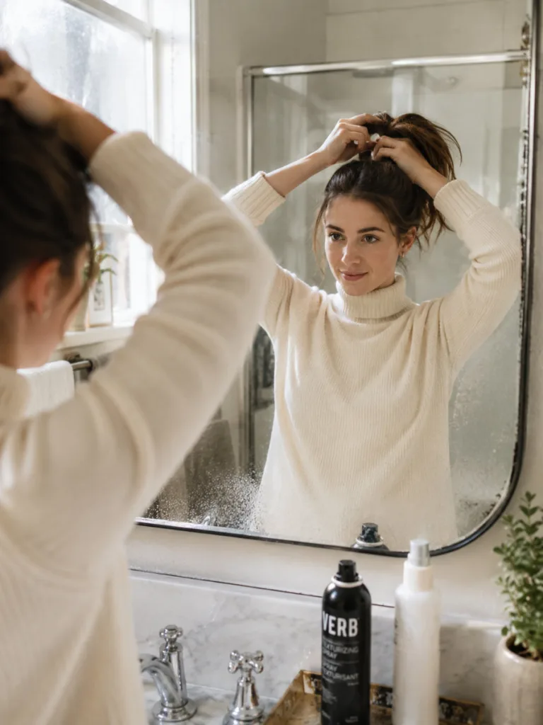Woman pulling her hair into a high ponytail Thanksgiving hairstyle in front of a bathroom mirror