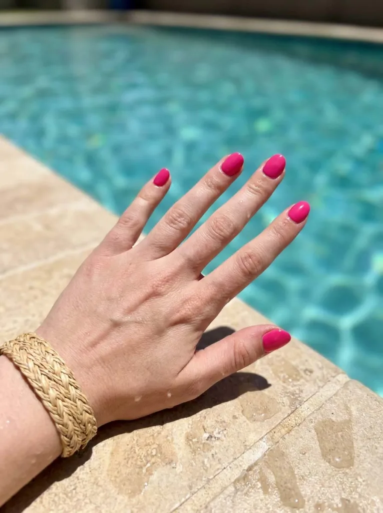 Hot pink summer nails resting on a pool tile edge in bright midday sun