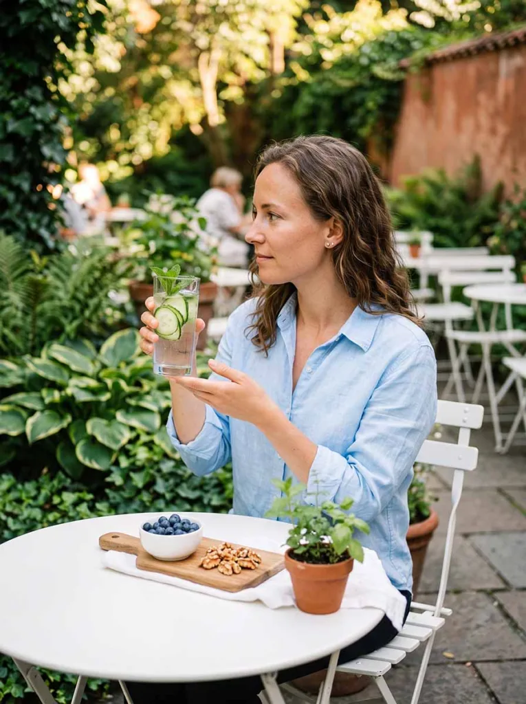 woman drinking water with cucumber and antioxidant foods for skin hydration in summer