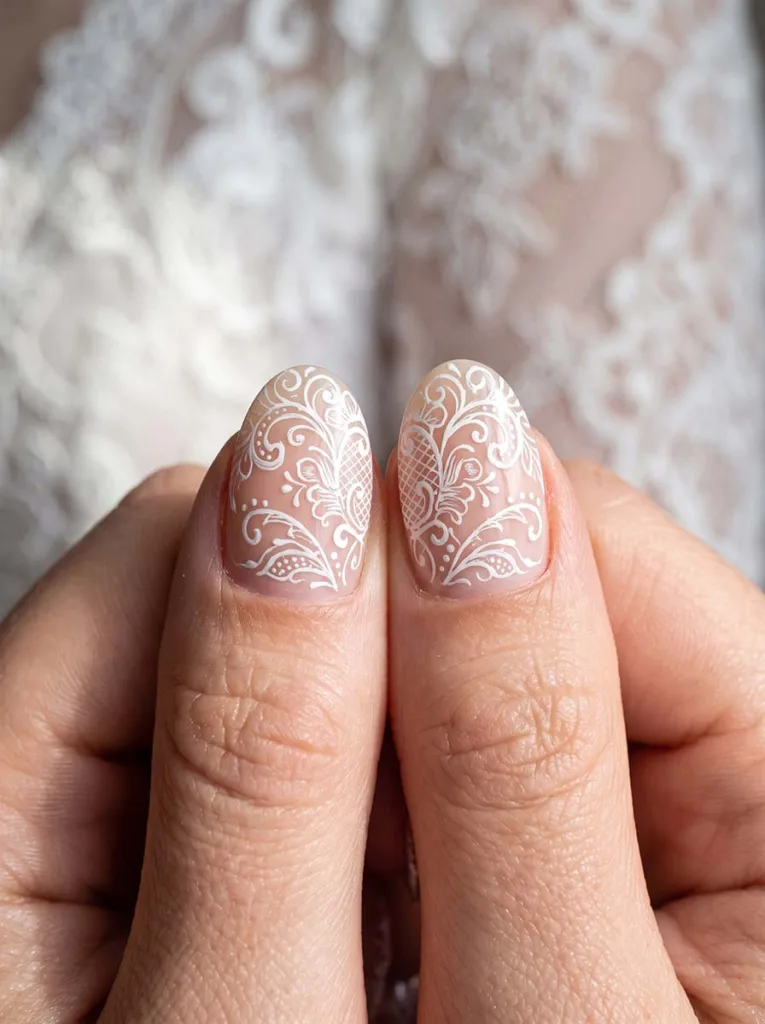 close-up of lace-inspired white linework wedding nails against gown lace