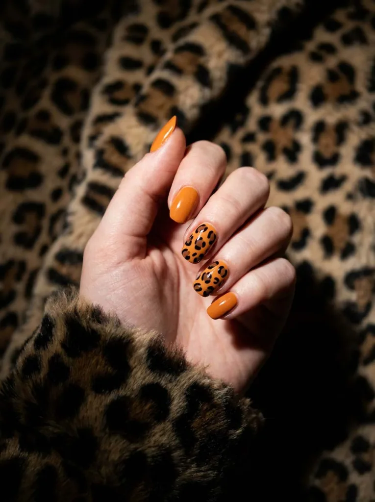 Hand with leopard print accent nail over solid orange nails against a fur background