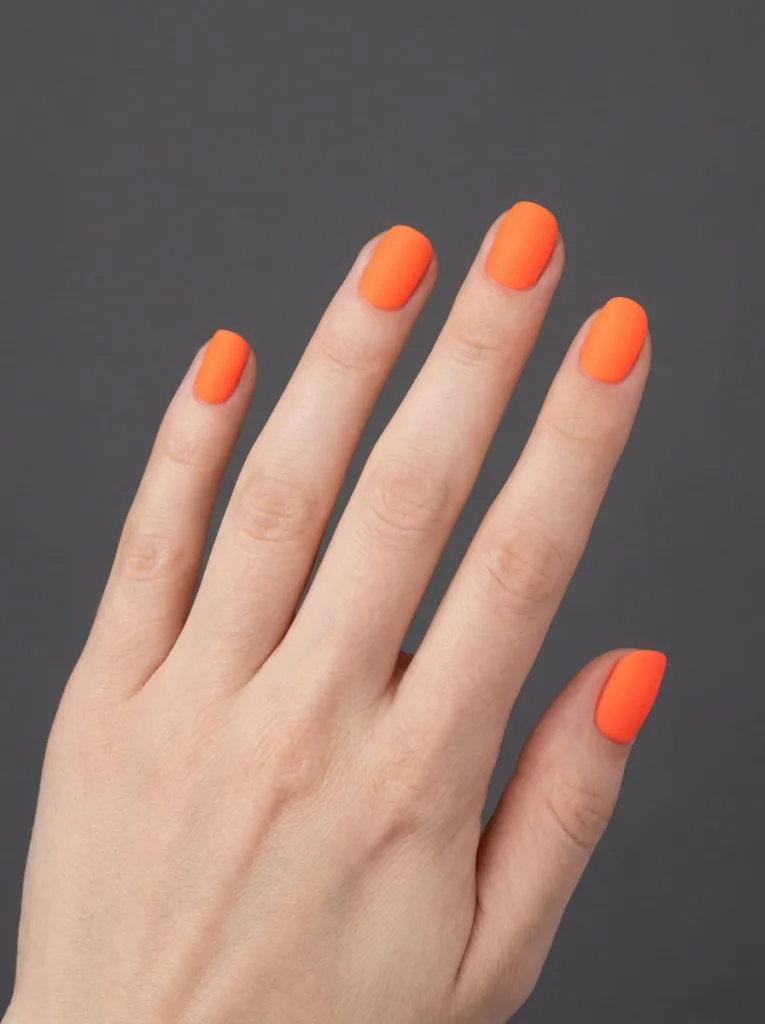 Matte neon nail design in a muted orange finish