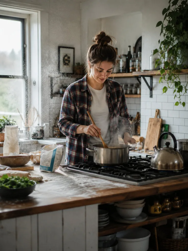 Woman with a messy top knot Thanksgiving hairstyle cooking at the stove