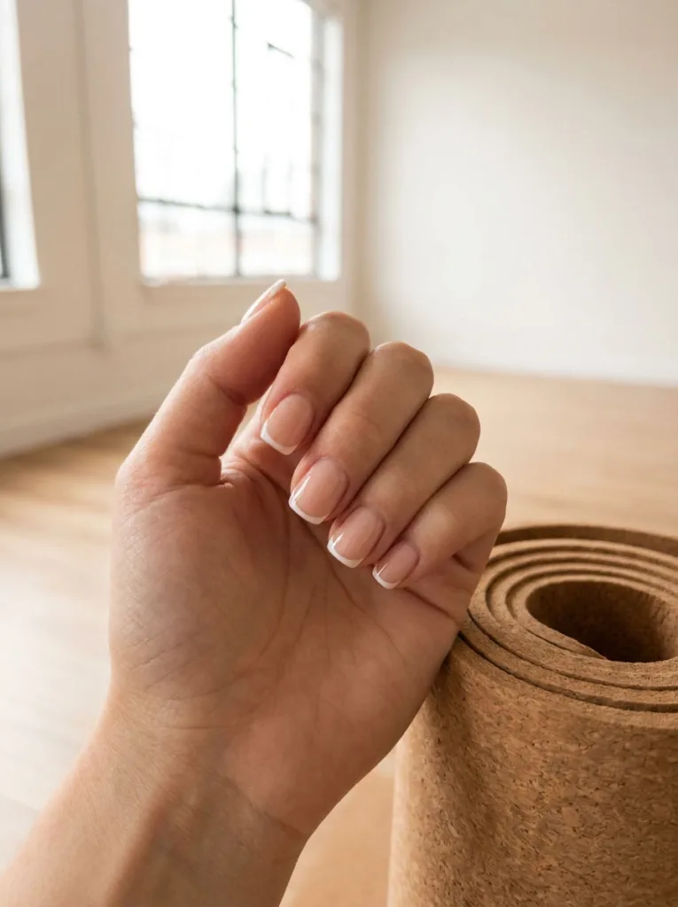 Micro French tip short summer nails resting on a rolled yoga mat