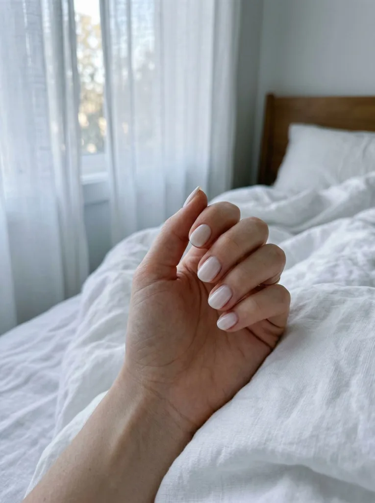 Milky white summer nails resting on a linen bedsheet in soft morning light