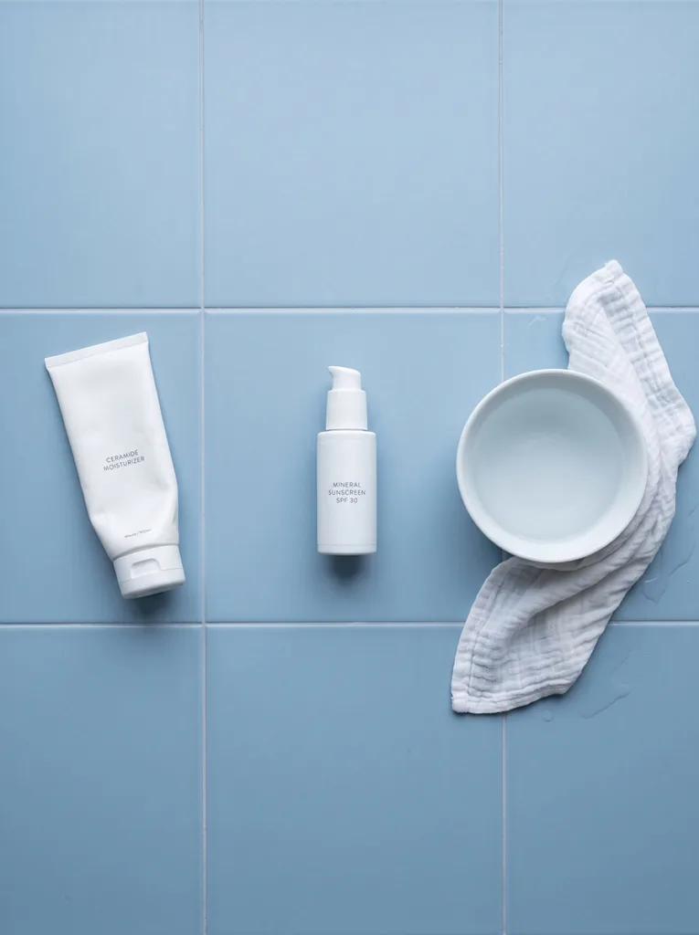 three-product minimal skincare routine for sensitive skin flare-up — moisturizer, mineral sunscreen, water rinse cloth