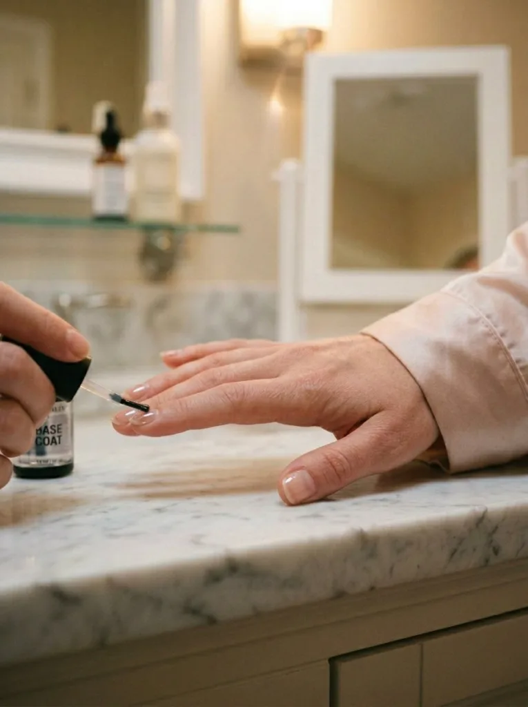 applying base coat during nail prep on fair skin bare nails at white bathroom vanity counter