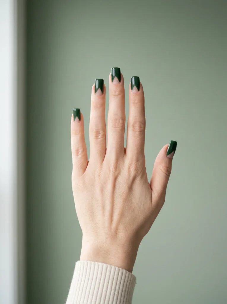 negative space nail art forest green with bare nail triangle on square fair skin nails against sage green wall