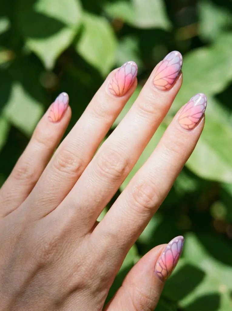 Neon butterfly wing nail design in pink orange and lavender