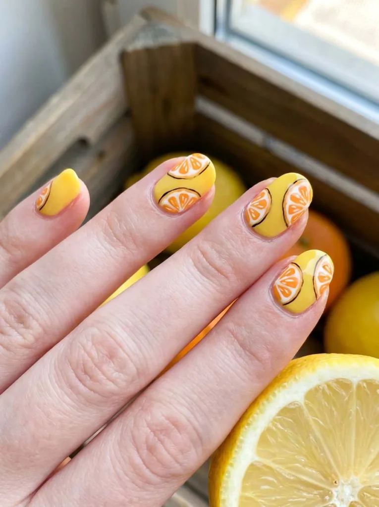 Neon citrus fruit art nail design with lemon and orange details