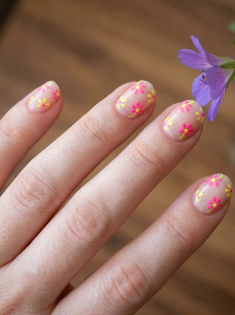 Neon floral accent nail design with painted flowers