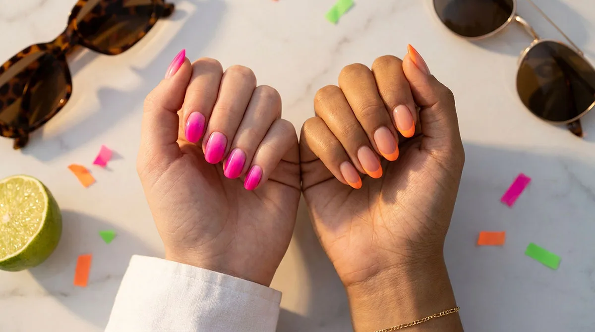 Neon nails flat lay photo showing bold summer manicure designs