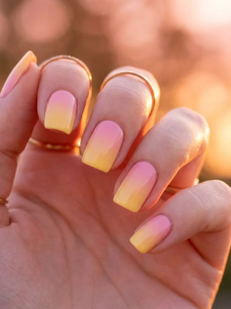 Neon ombre fade nail design in a yellow to pink gradient
