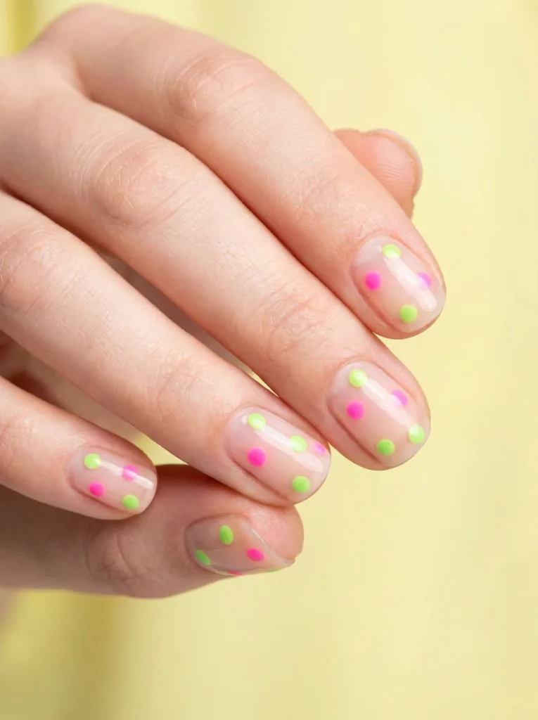 Neon polka dot nail design on a bright colorful base