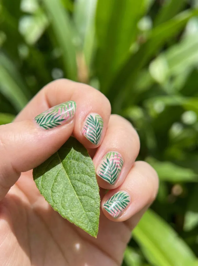 Neon tropical palm print nail design on a vacation backdrop