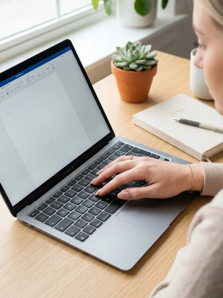 Nude glaze summer nails typing on a laptop at a bright office desk