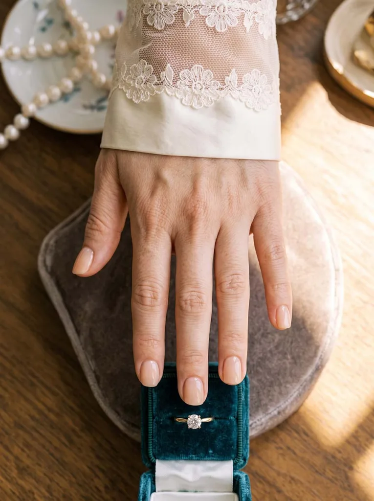 close-up of nude glaze wedding nails beside an open ring box