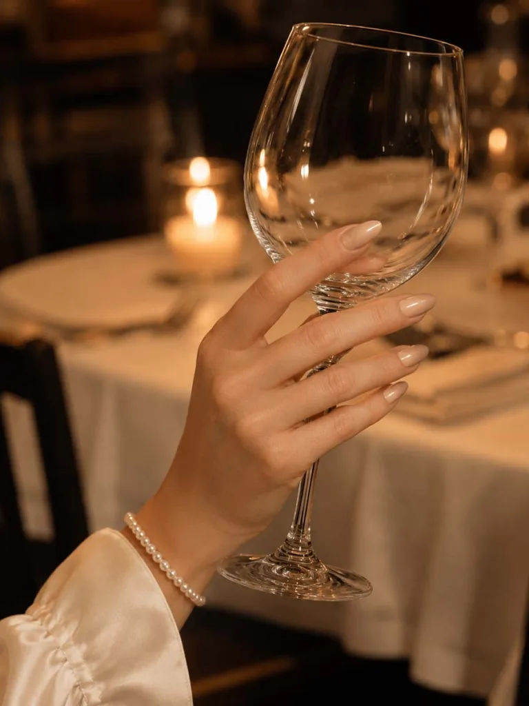 Elegant fair-skinned hand with taupe pearl shimmer long oval nails holding a crystal wine glass in warm candlelit dinner setting