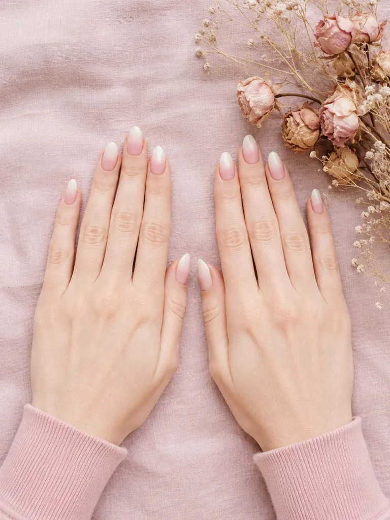 Two hands with blush-to-nude ombré almond nails resting on pink linen beside dried roses, shot from above