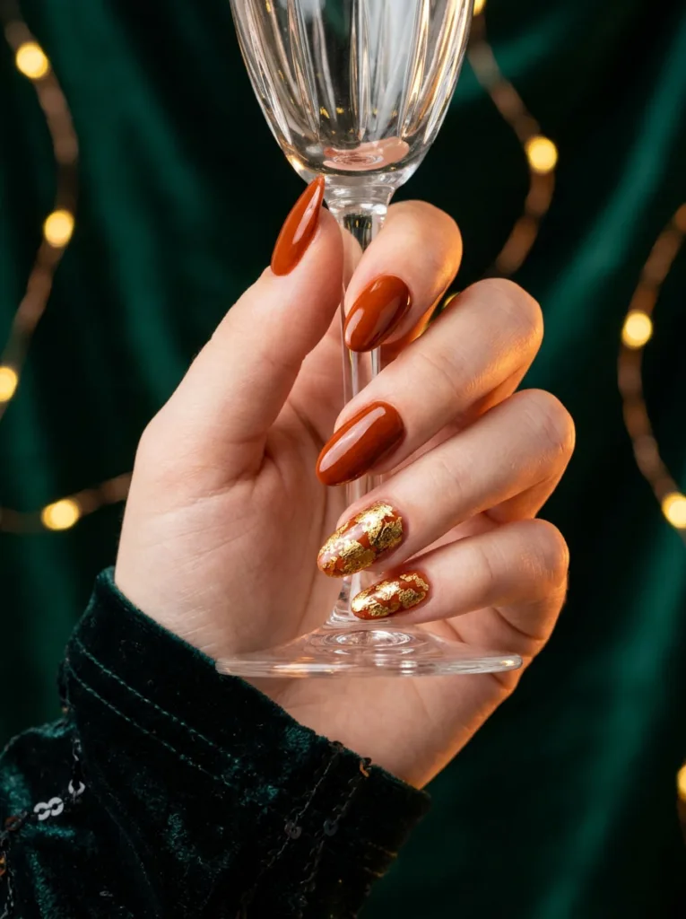 Hand with burnt orange and gold foil accent nails holding a champagne glass