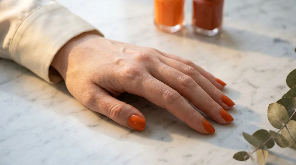Close-up of a woman's hand with glossy orange nail polish on a marble table