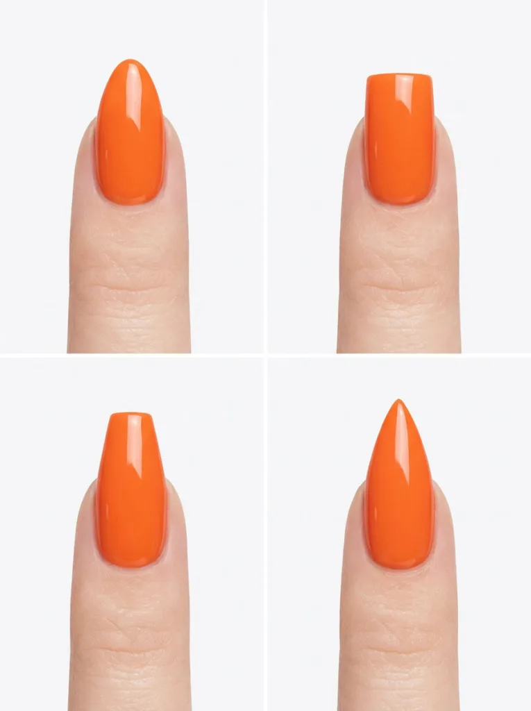 Orange nail polish shown on almond, square, coffin, and stiletto nail shapes