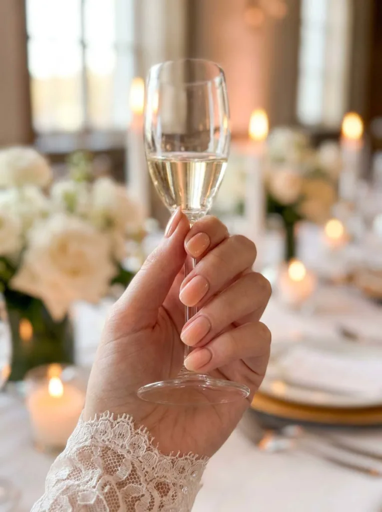 Hand with peach to nude gradient nails resting near wedding florals and candles