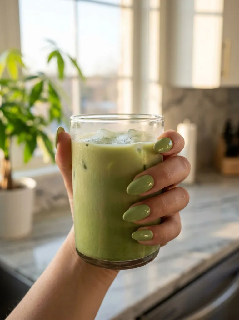 Pistachio green summer nails on a hand holding an iced matcha in a bright kitchen