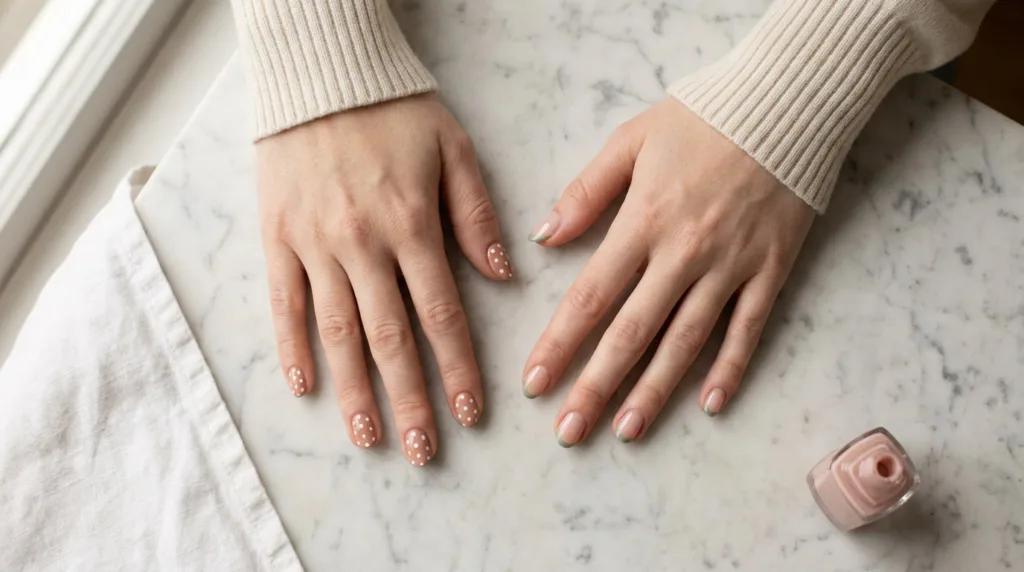 cute and simple nail art designs featuring polka dots and sage green french tips on fair skin hands flat lay