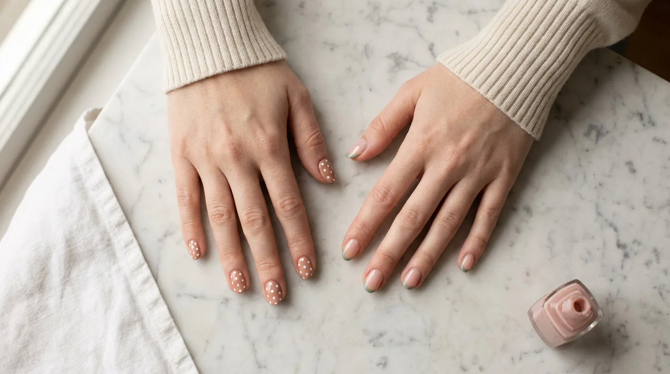 cute and simple nail art designs featuring polka dots and sage green french tips on fair skin hands flat lay