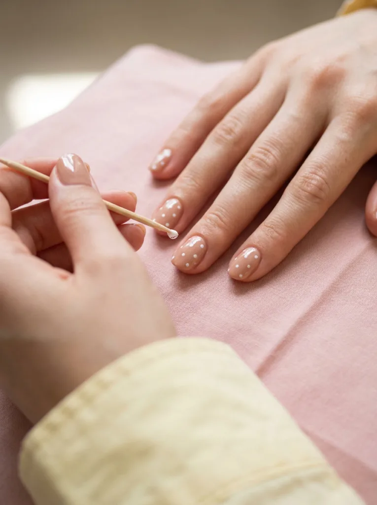 polka dot nail art on nude base fair skin nails with toothpick mid application white dots