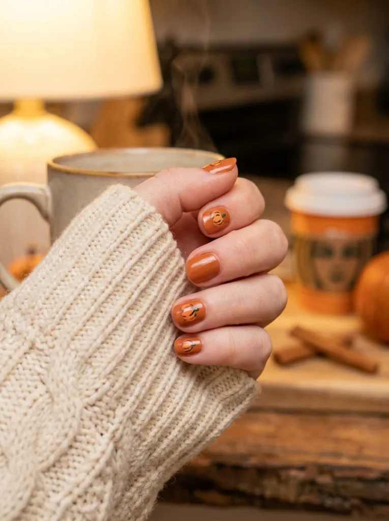 Hand with pumpkin spice orange nail art wrapped around a warm autumn drink