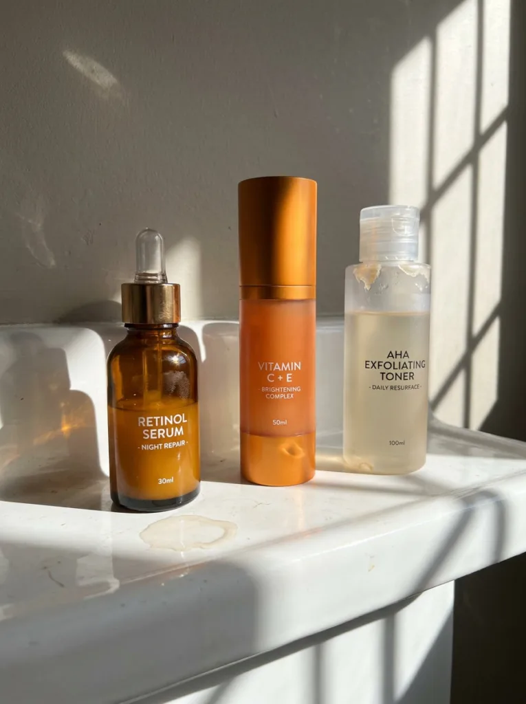 retinol vitamin C serum and AHA exfoliant bottles on bathroom shelf with window light casting shadow patterns