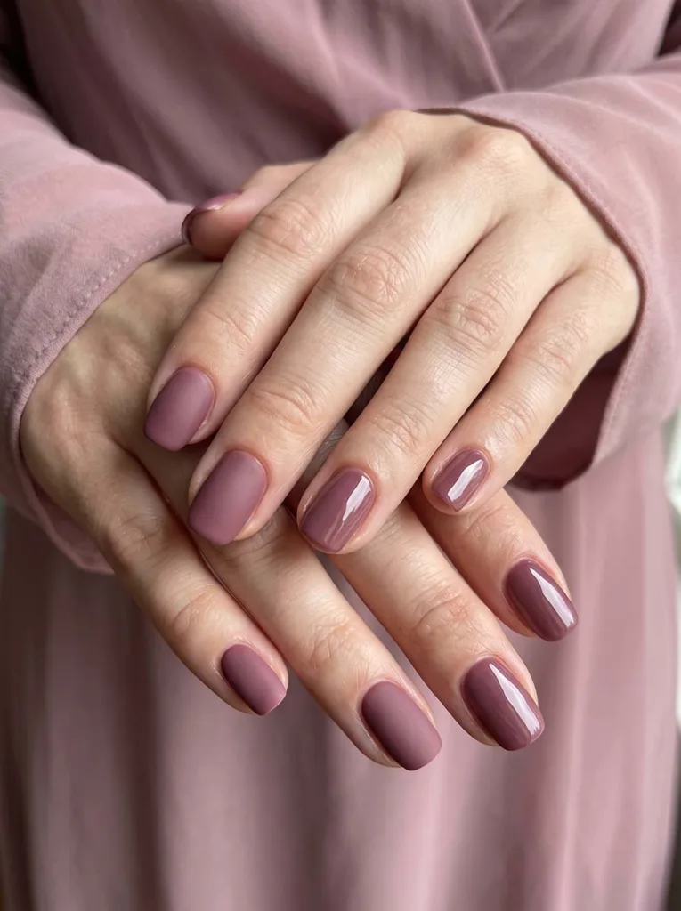 close-up of bridesmaid nails in the same shade with matte and glossy finishes