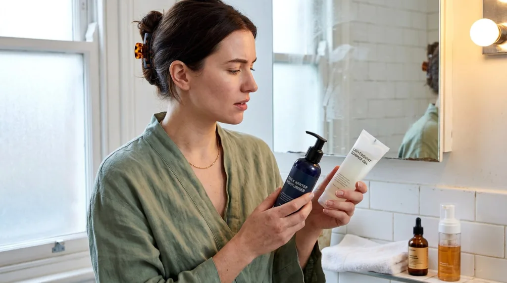 woman at bathroom vanity holding winter cream and summer gel moisturizer deciding how to transition skincare routine