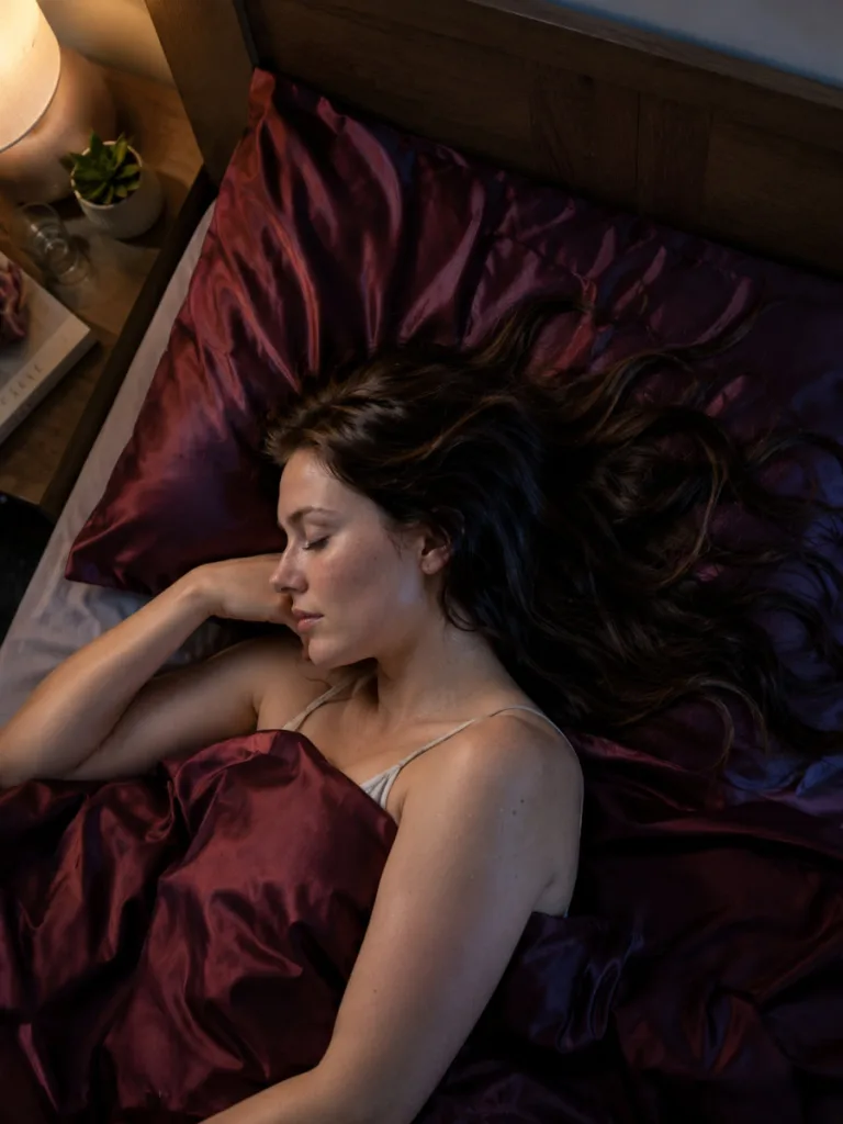 Woman sleeping on a silk pillowcase to prevent hair breakage and frizz overnight