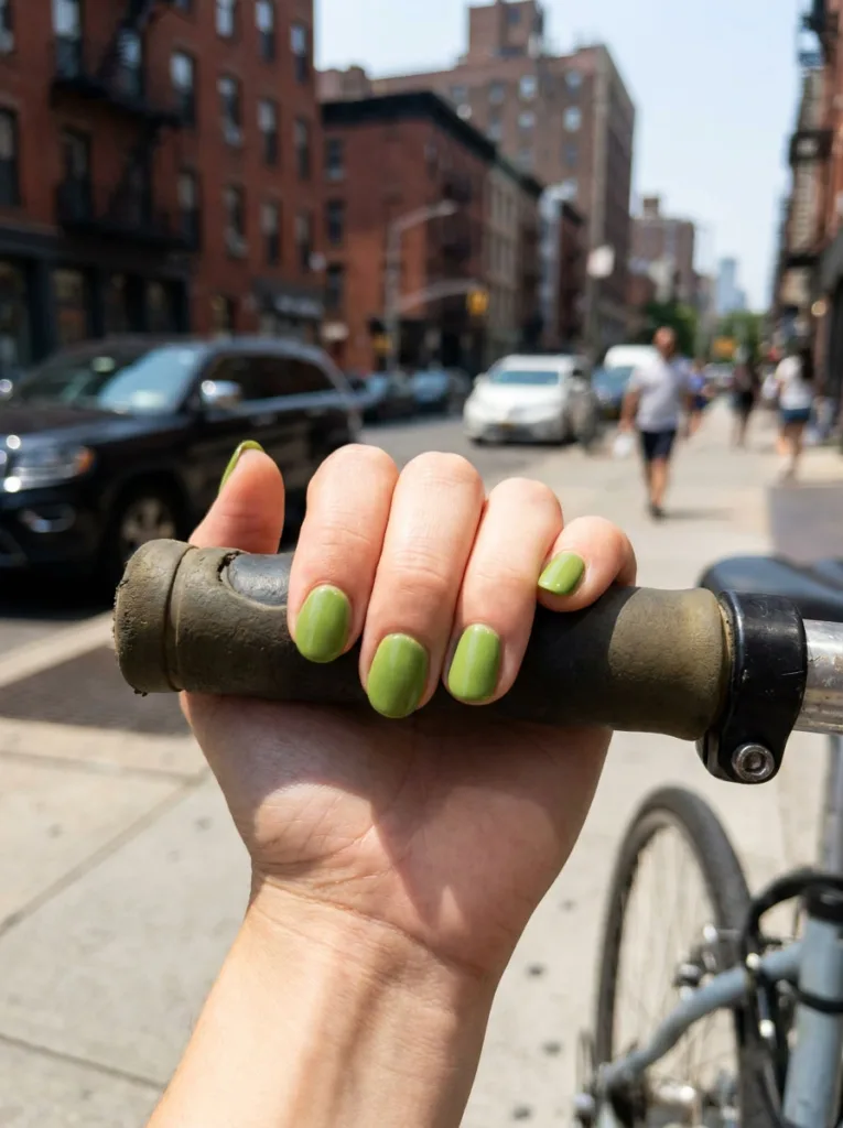 Single color pop short summer nails gripping a bicycle handlebar on a city street