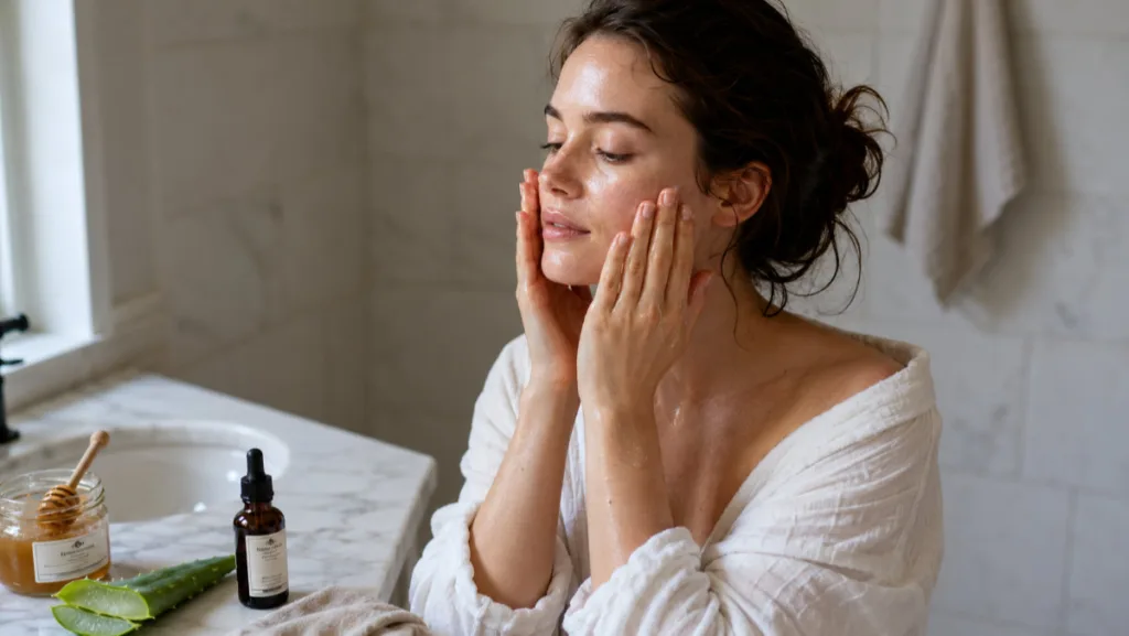 Young woman applying natural skin care oil at a marble bathroom vanity in soft morning light