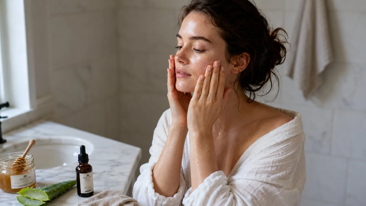 Young woman applying natural skin care oil at a marble bathroom vanity in soft morning light
