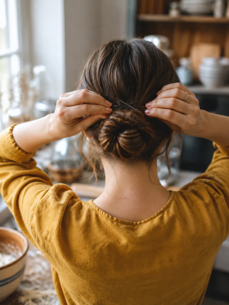 Close-up of a woman securing a sleek low bun Thanksgiving hairstyle with bobby pins