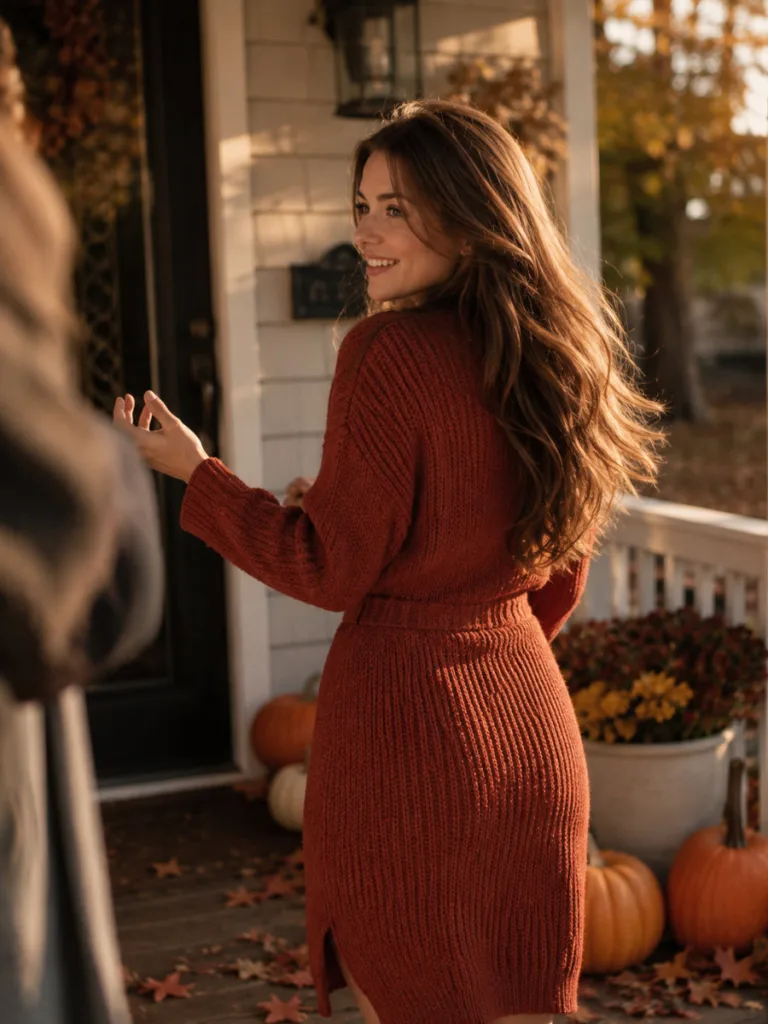 Woman with soft waves Thanksgiving hairstyle greeting guests on an autumn porch