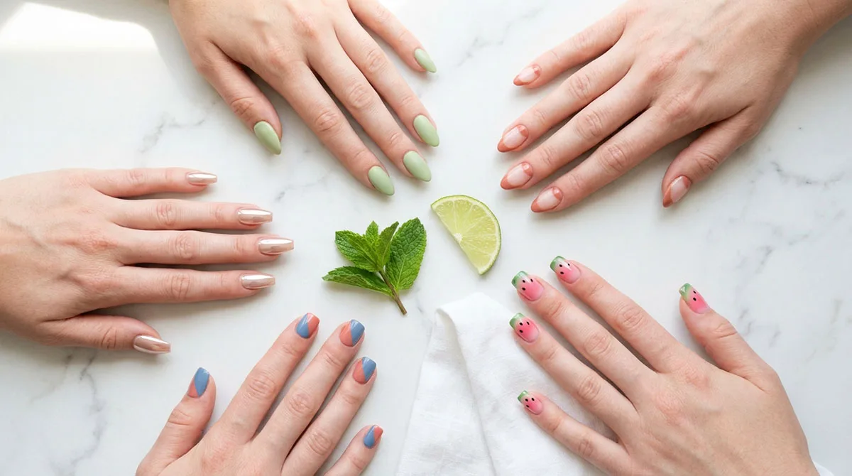Five summer nails styles in one flat lay, including pistachio green, chrome, and watermelon tip designs