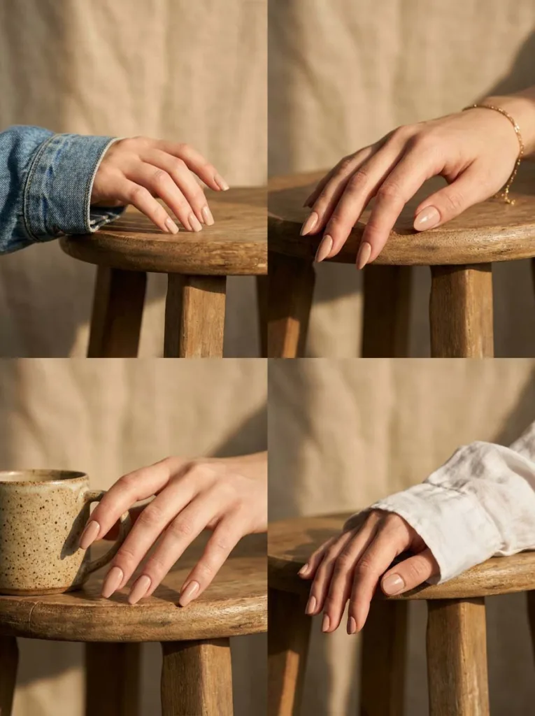 Four hand shapes compared side by side, square, almond, coffin, and round summer nails