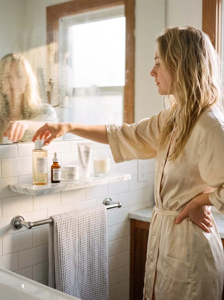 woman reaching for skincare products on a marble shelf for her sensitive skin summer morning routine