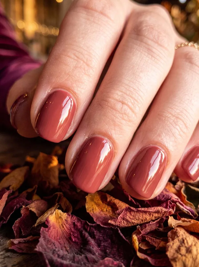 close-up of warm terracotta wedding nails at an autumn barn reception