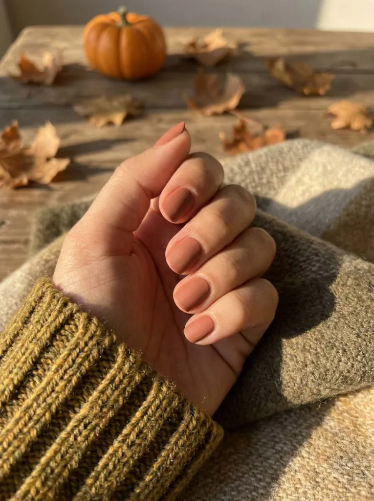 Hand with matte terracotta orange nails resting on a wool blanket with autumn leaves