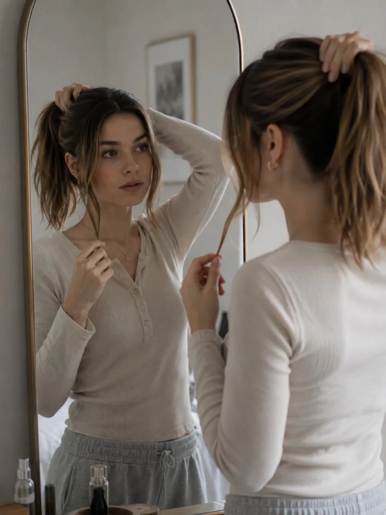 Woman deciding between Thanksgiving hairstyles in front of a bedroom mirror