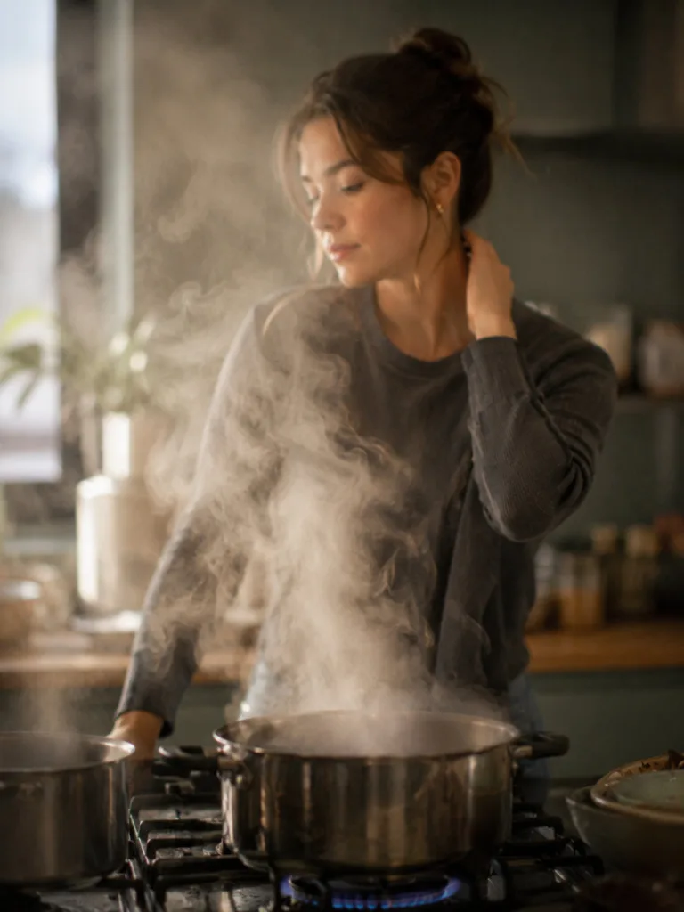 Steam rising in a kitchen showing why Thanksgiving hairstyles need to survive heat