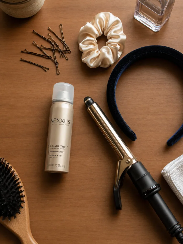 Flat-lay of styling tools used to make a Thanksgiving hairstyle last all day