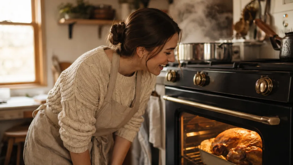 Woman styling a low bun Thanksgiving hairstyle while checking the oven in a warm kitchen